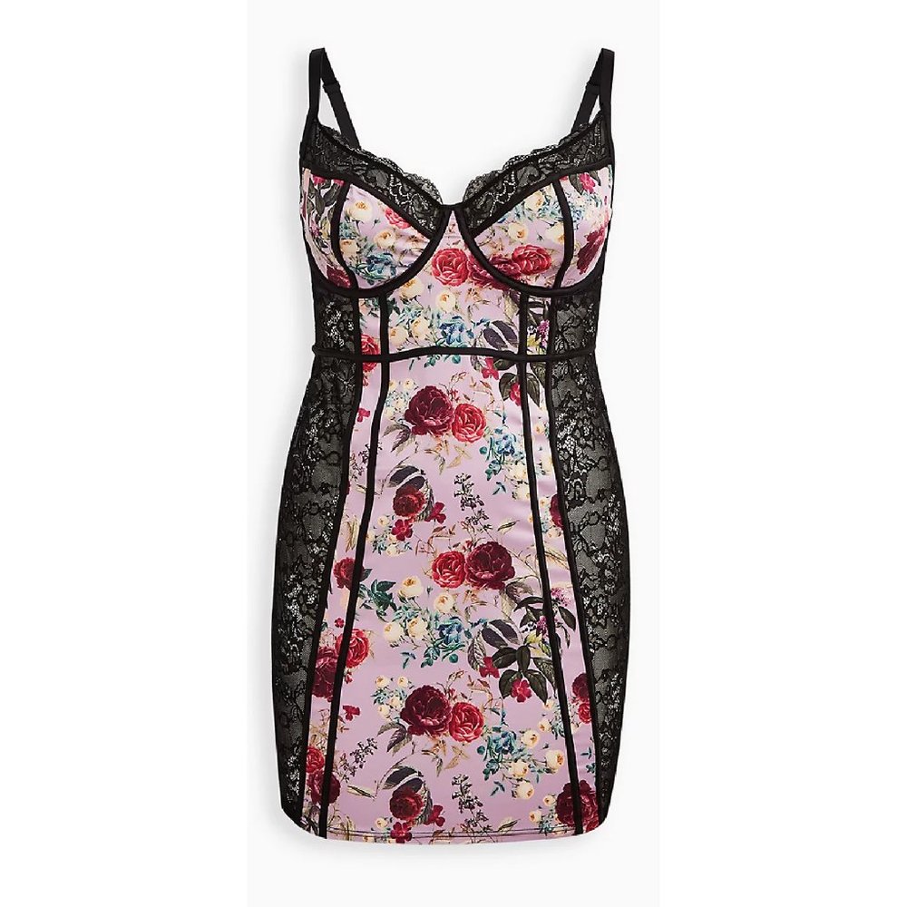 NWT TORRID SZ 1 CHEMISE - SATIN & LACE UNDERWIRE FLORAL PINK